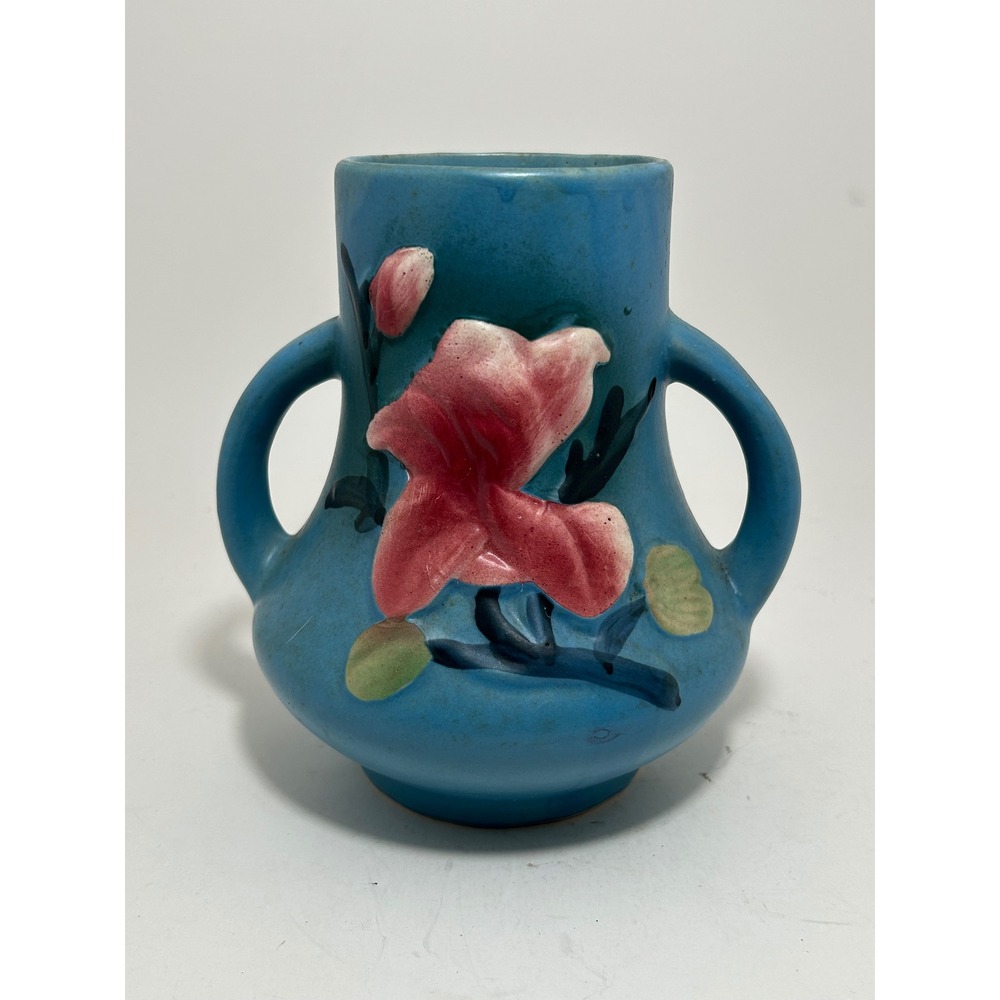 Hermitage Pottery Roseville Style Blue Magnolia‎ 2-Handled Floral Vase 1998